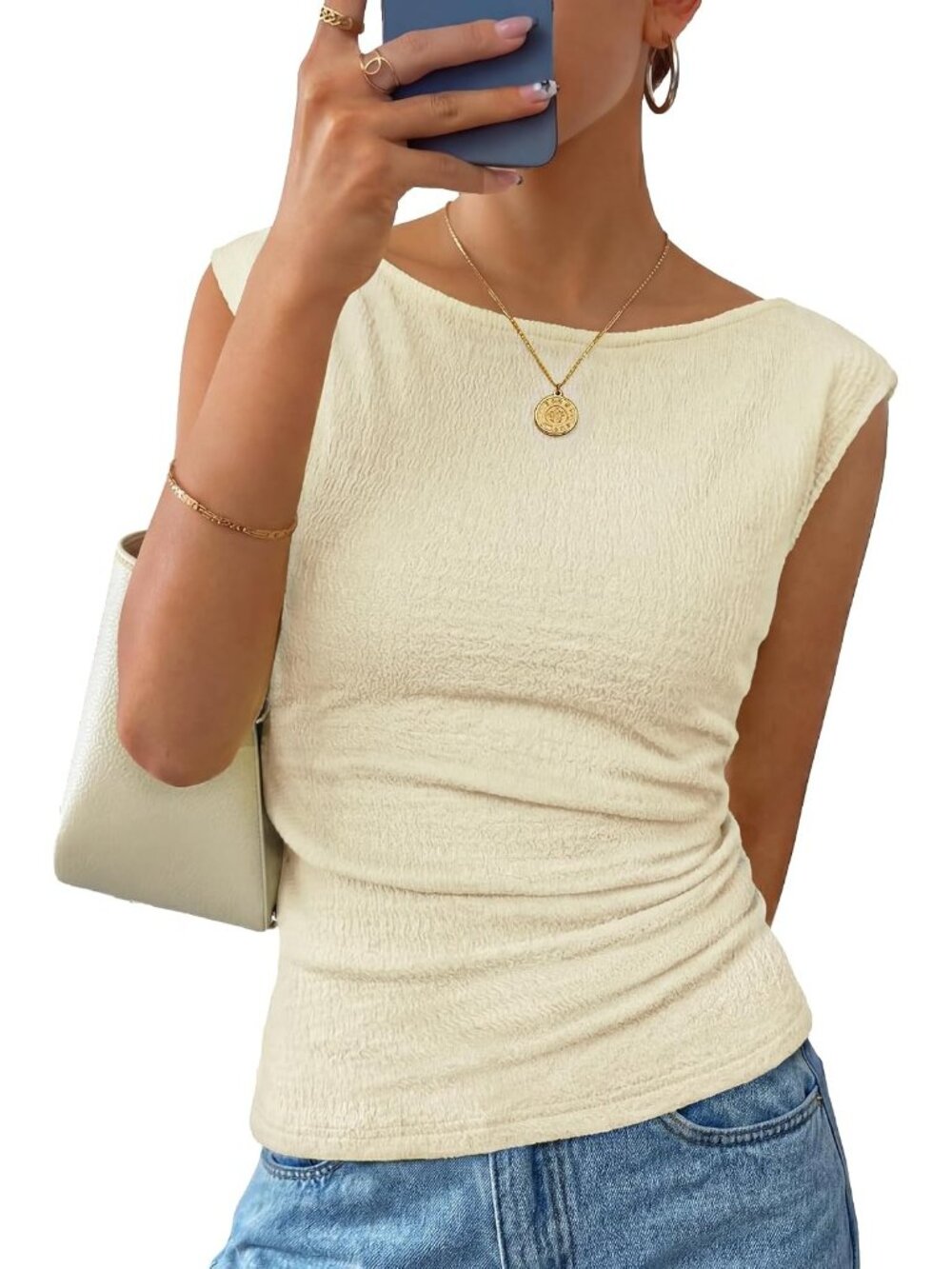 Women's Apricot Cap Sleeve Boat Neck Slim Fit Pull On Casual Summer Tank Tops